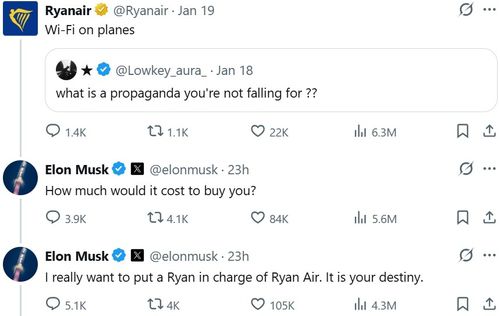 라이언에어 엑스 게시물에 대한 일론 머스크의 답글[엑스(X) 게시물 캡처. 재판매 및 DB 금지]