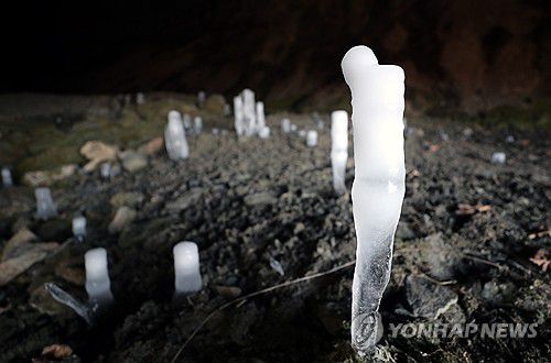 바닥에서 피어난 고드름의 숲(제천=연합뉴스) 김형우 기자 = 한파가 기승을 부린 22일 충북 제천시 덕산면 월악 산 보덕암 인근 보덕굴에서 바닥의 물방울이 얼어 위로 자라난 역고드름이 동굴 안에 솟아 있다. 2026.1.22 vodcast@yna.co.kr