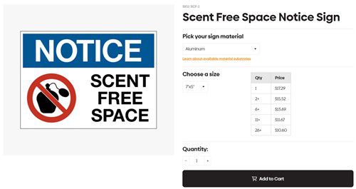 실제로 외국의 한 웹사이트에서 판매되고 있는 '향기 제한 구역 안내 사인'[웹사이트 'Western Safety Sign' 페이지 캡처. 재판매 및 DB 금지]