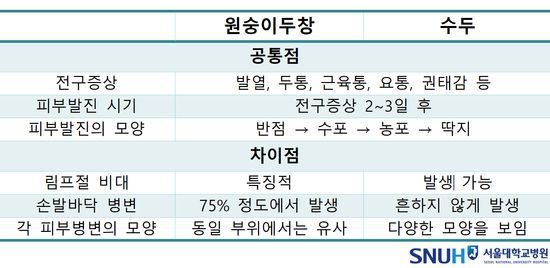 원숭이두창과 수두 비교 (제공: 서울대병원)