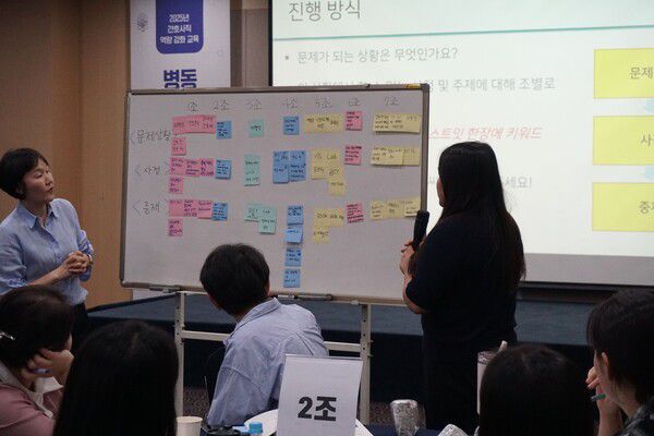 6월 11일 열린 ‘병동 중증환자 팀별 사례 중심 간호 대처 방법’ 교육에서 교육생들이 팀별로 토론 결과를 발표하고 있다. 사진 제공: 국립중앙의료원