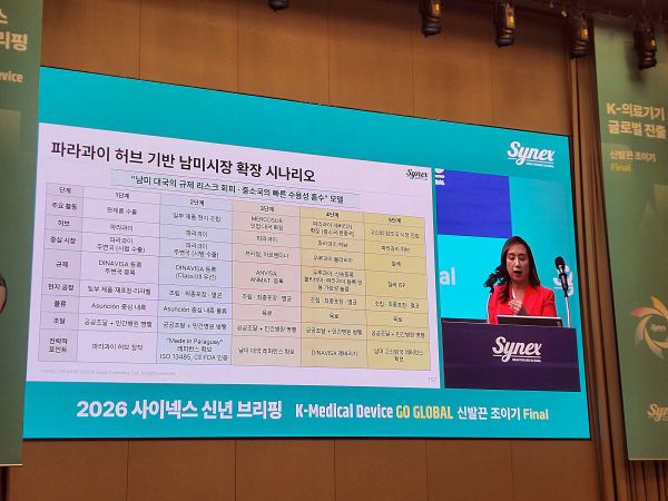 김영 사이넥스 대표가 파라과이를 거점으로 한 남미 시장 확장 시나리오를 발표하고 있다.