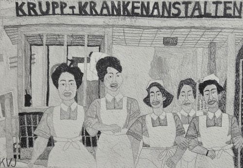 파독 간호사들(종이판넬 위에 연필드로잉, 25.9×18cm, 2025)