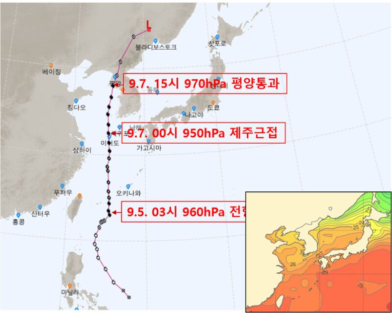 지난해 9월6∼7일 우리나라에 영향을 준 제13호 태풍 ‘링링’의 경로. 기상청 제공 ※ 이미지를 누르면 크게 볼 수 있습니다.