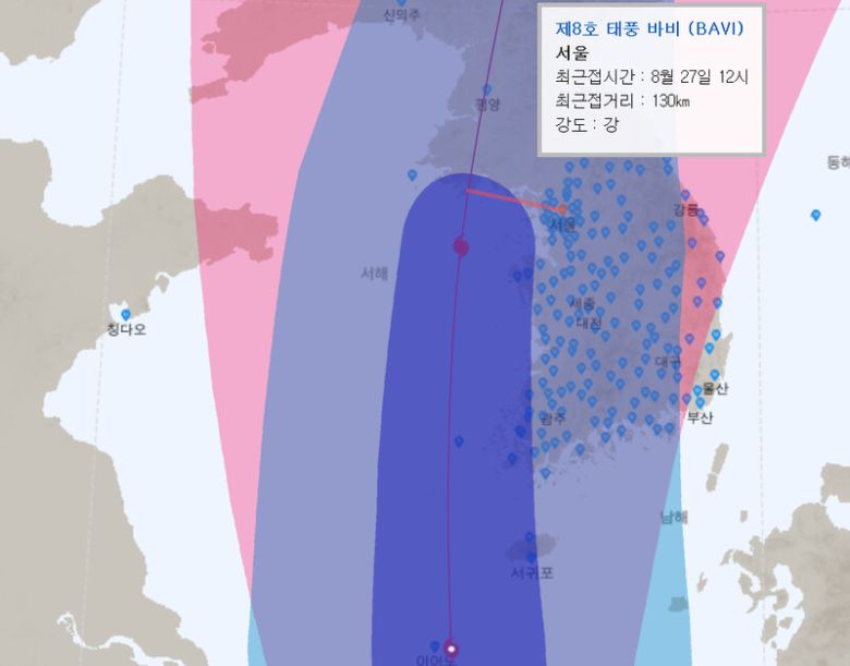 제8호 태풍 ‘바비’의 상세 진로 정보. 기상청 누리집 갈무리