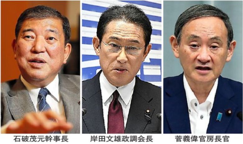 일본 언론들은 31일 유력한 차기 후보로 이시바 시게루 전 간사장(왼쪽부터), 기시다 후미오 정조회장, 스가 요시히데 관방장관을 꼽았다. <아사히신문> 갈무리
