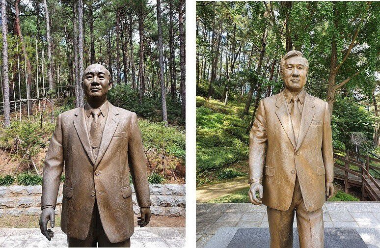 충북도가 2015년 청남대 안 대통령 테마길 앞에 설치한 전두환·노태우 전 대통령(왼쪽부터) 동상. 오윤주 기자