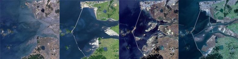 새만금 위성사진 모습. 촬영한 연도가 왼쪽부터 1989년, 2006년, 2014년, 2020년이다. 1989년은 새만금종합개발사업 기본계획을 발표했고 1991년 사업을 착공했다. 2006년 4월 방조제 최종 물막이 공사를 완료했고, 2007년에는 농지개발이 주요 목적이었던 새만금 내부토지개발 기본구상이 농지와 비농지 비율이 7대 3으로 바뀌었다. 2013년 새만금개발청이 개청했고, 2014년에는 새만금 기본계획(MP)이 지금과 같이 됐으며, 내부매립 진행을 명확히 볼 수 있다. 2020년에는 새만금 교통량의 주요 축인 동서도로가 이달에 개통한다. 내부의 동서도로와 남북도로를 볼 수 있다.