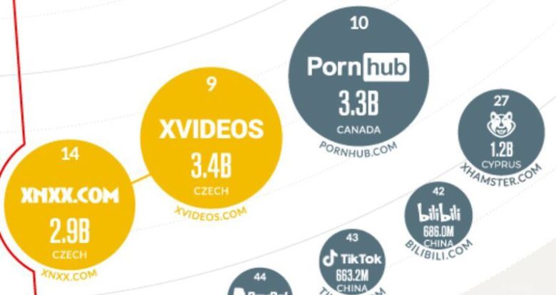 지난해 11월 전세계 방문자 상위 9, 10위 웹사이트는 성착취물이 유통되는 곳이다. 비주얼 캐피탈리스트(visualcapitalist.com) 누리집 갈무리