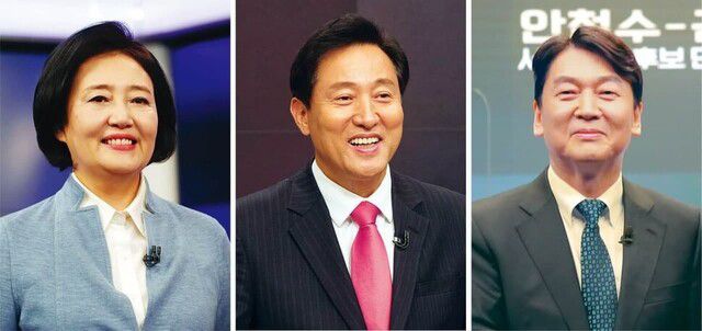서울시장 보궐선거에서 나선 더불어민주당 박영선(왼쪽부터), 국민의힘 오세훈, 국민의당 안철수 후보. 공동취재사진