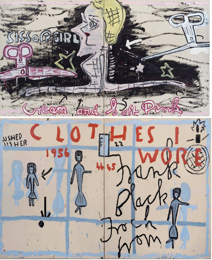 (위)Scissor Girl, 2017, Oil on Canvas 183 x 330cm, Photo: Soon-Hak Kwon 111.5 x 89 cm, Photo: Jo Moon Price(문현주)(아래) Blue Girls, Clothes I Wore, 2019, Oil on Canvas 183.5 x 325.5cm, Photo: Jo Moon Price(문현주)