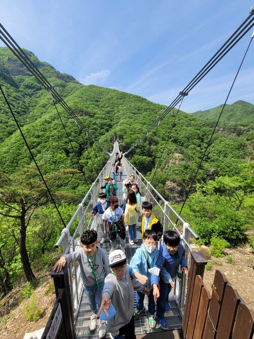 학생들이 진안의 운일암반일암 출렁다리를 건너고 있다. 부귀초등학교 제공
