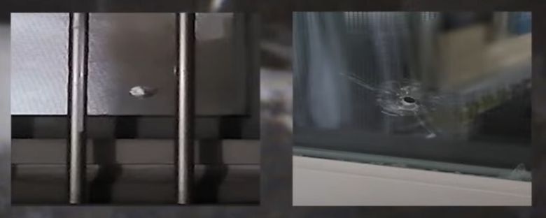 30일 유튜브 ‘서울경찰’ 채널에 올라온 ‘한밤중 주민들을 공포에 떨게 한 아파트 쇠구슬 테러범 검거’ 영상 일부. 택배기사 쏜 쇠구슬에 아파트 창문이 부서진 모습.  유튜브 갈무리