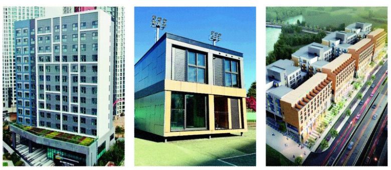 (왼쪽부터) 국내 최고층 모듈러 공동주택 ‘용인 영덕 경기행복주택', 철골조 모듈러와 목조 모듈러주택 ‘자이가이스트' 당진 공장에 위치한 본보기집. 한국토지주택공사가 시행하고 포스코 A&C가 모듈러 제작을 맡은 ‘세종 6-3 생활권 통합임대주택’ 조감도. 현대엔지니어링·GS건설·포스코A&C 제공