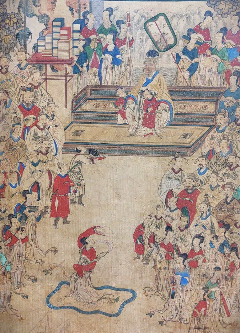 ‘곽분양행락도’의 핵심 부분인 곽자의 일가의 잔치 광경. 두 동자를 곁에 두고 마당에서 춤추는 무녀를 흐뭇하게 지켜보는 곽자의와 그의 주위에 모인 일가 사람들의 다채로운 표정과 동작이 하나하나 묘사되어 생생한 현장감이 살아있다. 노형석 기자