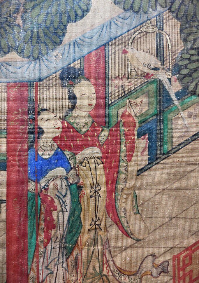 잔치가 열리는 전각 회랑에서 앵무새를 지켜보고 있는 일가 여인의 모습을 묘사한 부분. 노형석 기자