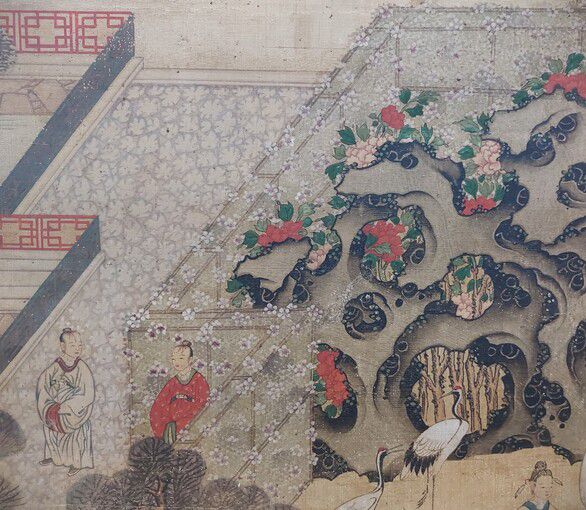 그림 중 정원 풍경. 조선후기 지체높은 양반 사족의 정원을 병풍모양으로 장식했던 꽃과 풀이 걸쳐진 담장의 모습이다. 노형석 기자