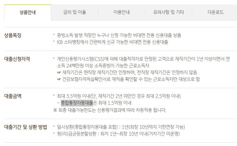 케이비(KB)국민은행의 ‘온국민 신용대출’ 상품 설명 화면. ‘종합통장자동대출’은 마이너스통장을 의미합니다. 케이비(KB)국민은행 홈페이지 캡처