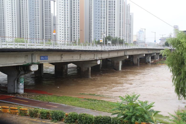 지난 10일 차량 통행이 금지된 대전 중구 유천동 유등교 모습. 교량 중간 지점이 내려앉아 있다. 최예린 기자