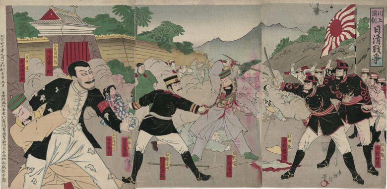 청일전쟁을 소재로 한 연극용 전쟁 니시키에인 ‘가와카미 연극 청일전쟁’. 타커스 제공