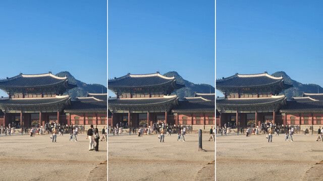 왼쪽은 경복궁을 찍은 사진 원본. 중간은 갤럭시 ‘생성형 편집’으로, 오른쪽은 아이폰 ‘클린업’으로 관광객 2명을 지운 모습. 이재연 기자