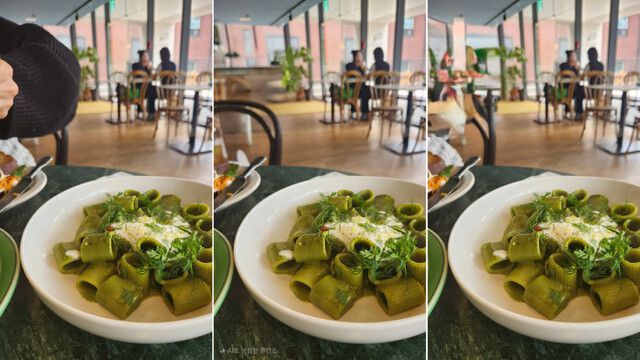 왼쪽은 식당 내부를 찍은 사진 원본. 중간은 갤럭시 ‘생성형 편집’으로, 오른쪽은 아이폰 ‘클린업’으로 사람의 팔을 지운 모습. 이재연 기자