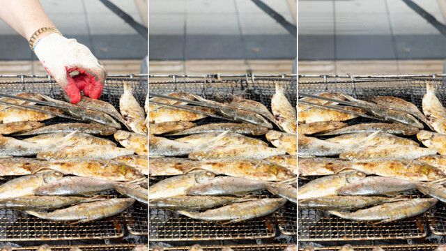 왼쪽은 생선을 굽는 사람을 찍은 사진 원본. 중간은 아이폰 ‘클린업’, 오른쪽은 갤럭시 ‘생성형 편집’으로 팔을 지운 모습. 클립아트코리아