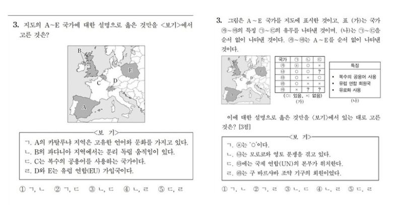왼쪽은 2023학년도 수능 세계지리 3번 문항. 오른쪽은 수험생들이 온라인 커뮤니티(디시인사이드)에서 수능 출제의 퍼즐화 경향을 패러디한 가상의 문항.