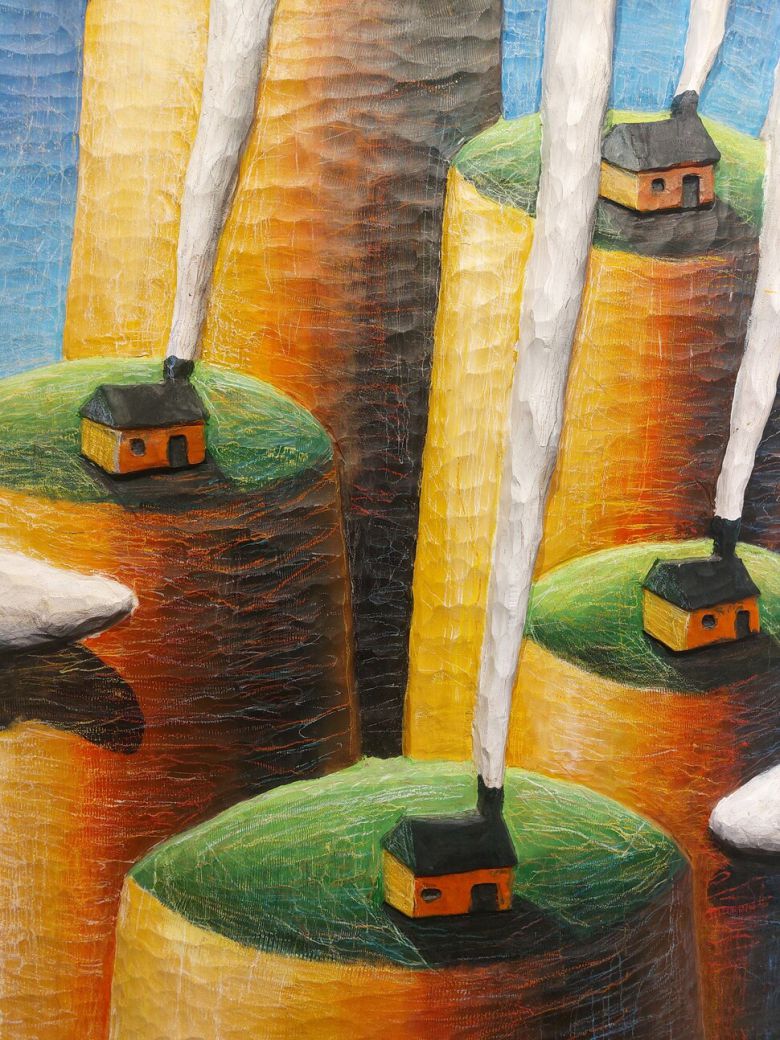 이종빈 작가가 1992년 새기고 칠한 채색 목판 조각작품 ‘독립가옥들이 있는 풍경’의 세부. 노형석 기자