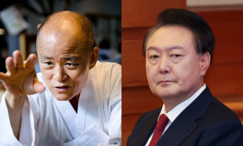 도올 김용옥(왼쪽) 전 고려대 교수와 1월21일 헌법재판소 탄핵심판 3차 변론에 출석한 내란죄 피의자 윤석열 대통령. 한겨레 자료사진, 사진공동취재단