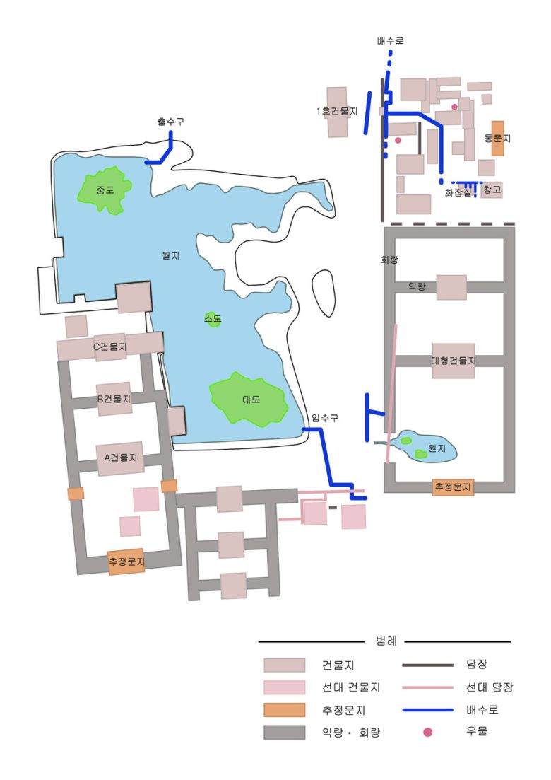 국립경주문화유산연구소의 조사결과를 반영한 경주 동궁과 월지 조사구역의 건물배치 추정도. 기존에 왕경으로 간주해온 월성이 아니라 월지를 중심으로 핵심 궁궐이 조성됐다는 것을 보여준다.