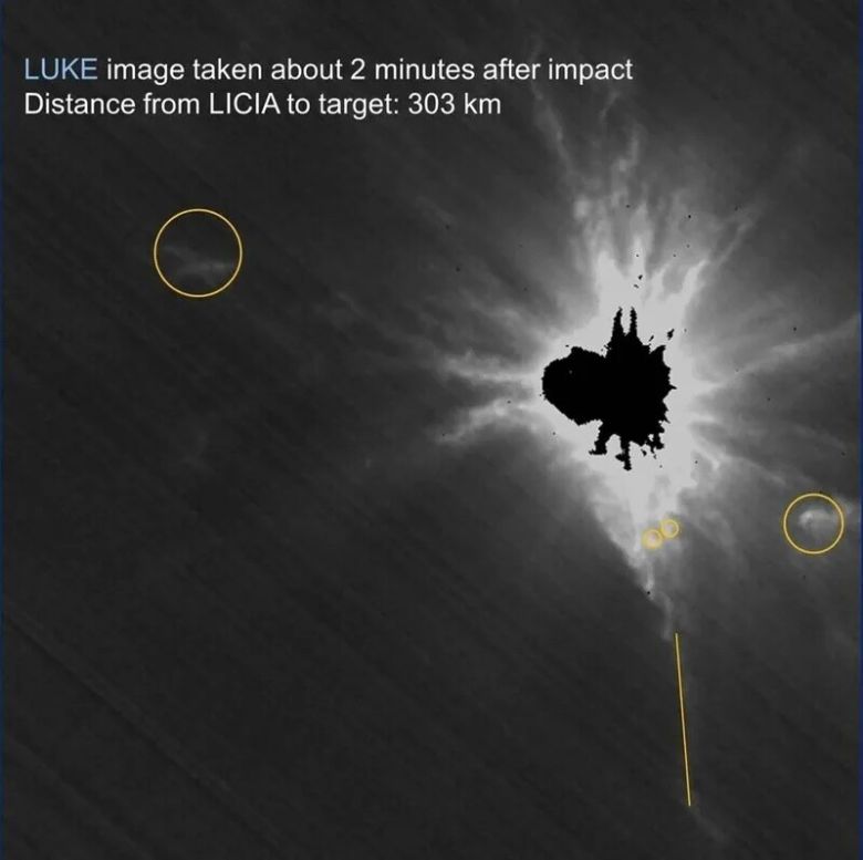 2022년 사상 최초의 소행성 궤도 변경 실험에서 우주선이 디모르포스 소행성에 충돌하고 2분이 지난 뒤 찍은 사진. 미국 항공우주국 제공