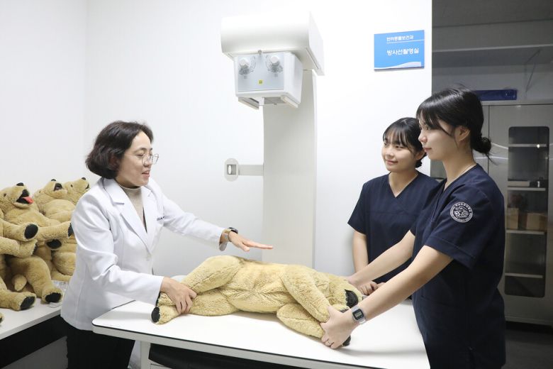 윤은희 학과장과 학생들이 강아지 모형으로 에스레이 촬영 보정 실습을 진행하고 있다. 영남이공대 제공