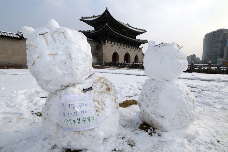 서울에 역대 가장 늦은 대설주의보가 내린 18일 아침 서울 종로구 광화문 앞 윤석열 대통령 탄핵 촉구 천막 농성장에 있는 눈사람에 ‘부산지역 대학생 단식농성 4일차’라고 써있는 손팻말이 걸려 있다. 김영원 기자 forever@hani.co.kr
