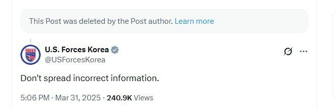 ‘산불에 간첩·중국이 연관돼 있으면 계엄이고, 미군이 투입될 수 있다’고 주장한 엑스(X) 이용자의 글에 주한미군 공식 계정이 “부정확한 정보를 퍼뜨리지 말라”(Don’t spread incorrect information)고 지적했다 . 엑스 갈무리