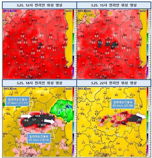 기상청 기상위성(천리안2A호)을 통해 감지한 시간대별 산불 현황(검정색: 온도가 높은 부분). 숫자들은 풍속을 의미한다. 기상청 제공