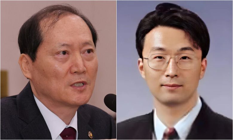 한덕수 대통령 권한대행 국무총리가 열흘 뒤 임기가 종료되는 문형배 헌법재판소장 직무대행과 이미선 헌법재판관의 후임자로 지명한 이완규 법제처장(왼쪽)과 함상훈 서울고등법원 부장판사. 한겨레 자료사진