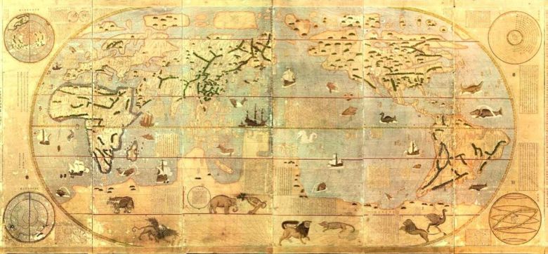 신곤여만국전도. 1602년(선조 35) 이탈리아 선교사 마테오 리치가 중국 베이징에서 제작한 것을 1708년(숙종 34) 조선에서 모사한 세계지도. 남양주 실학박물관 소장