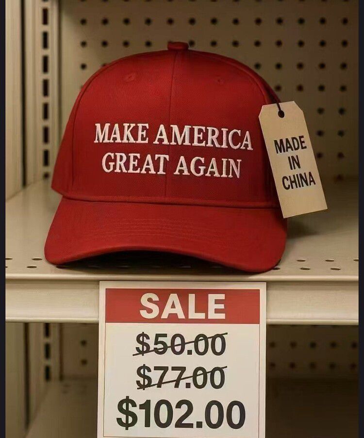중국 소셜미디어 샤오홍슈에 올라온 미국 관세 정책 조롱 그림. 도널드 트럼프 미국 대통령의 슬로건 ‘마가’(MAGA·미국을 다시 위대하게 만들자)가 적힌 중국산 모자 가격이 트럼프가 주도하는 관세 탓에 치솟는 걸 풍자하고 있다. 샤오홍슈 갈무리