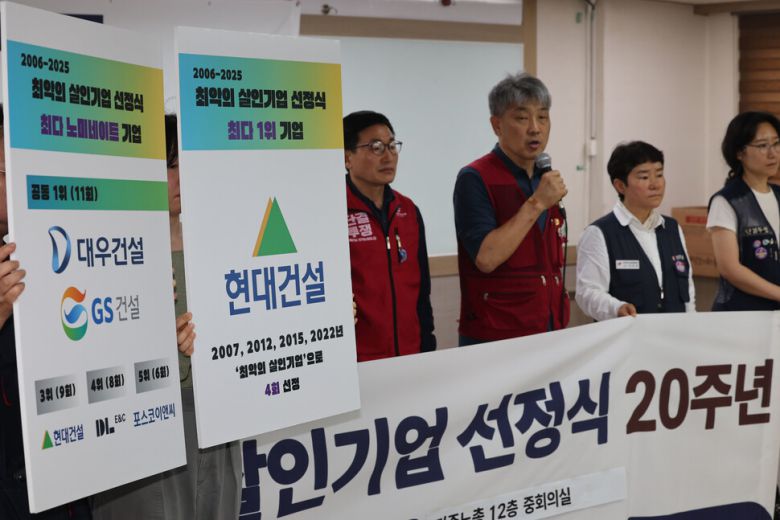 산재사망대책마련 공동캠페인단 회원들이 22일 서울 중구 민주노총 중회의실에서 열린 ‘2025 최악의 살인기업 선정식 20주년’ 기자회견에서 역대 최악의 살인기업 최다 1위·최다 노미네이트 기업을 발표하고 있다. 김태형 기자 xogud555@hani.co.kr