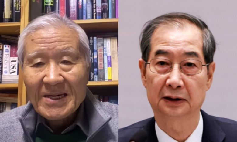 조갑제(왼쪽) 조갑제닷컴 대표와 한덕수 대통령 권한대행 국무총리. 유튜브 갈무리, 연합뉴스