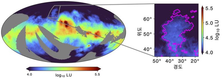 원자외선분광기 관측 자료를 토대로 만든 수소분자 형광 방출선 전천 지도(왼쪽)와 이번에 발견한 분자구름 에오스를 확대한 부분(오른쪽). 한국천문연구원 제공