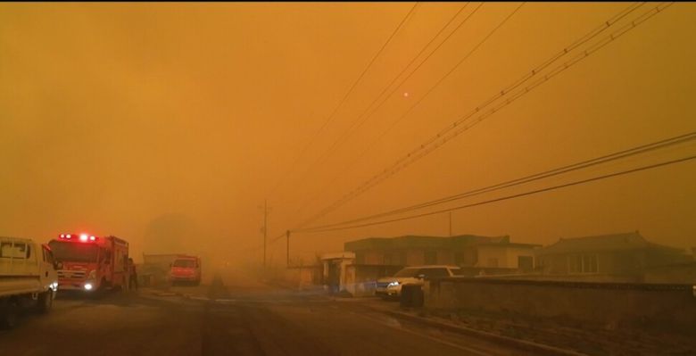 지난 3월25일 산불이 덮친 경북 안동 길안면의 모습. 당시 맑은 날이었지만 산불의 연기가 사방으로 퍼져가기 시작하면서 대낮이었는데도 시야가 가려졌다. 이 불길이 청송, 영양, 영덕까지 번져갔다. 기후위기기록단