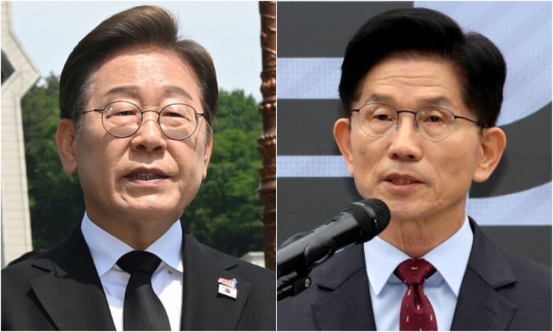 이재명 더불어민주당 대통령 후보가 18일 광주 북구 국립 5·18 민주묘지에서 열린 ‘제45주년 5·18 민주화운동 기념식’에 참석한 뒤 취재진의 질의에 답하고 있다.(왼쪽) 김문수 국민의힘 대통령 후보가 18일 서울 여의도 국민의힘 중앙당사에서 경제 공약을 발표하고 있다. 국회사진기자단, 연합뉴스