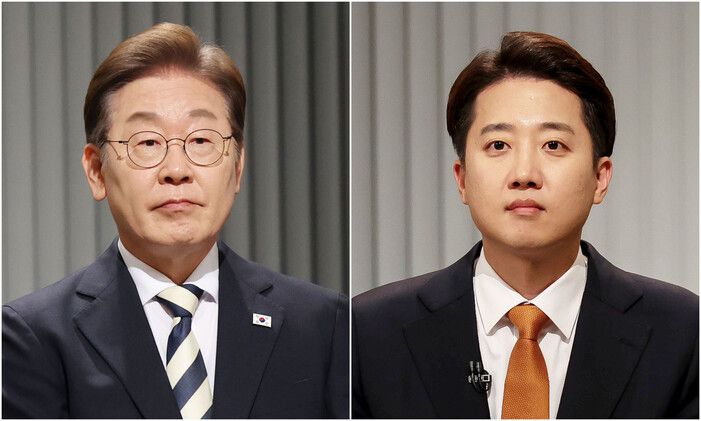 23일 ‘사회분야’ 티브이(TV) 2차 토론회에 나선 이재명 더불어민주당 대통령 후보(왼쪽)와 이준석 개혁신당 대통령 후보. 국회사진기자단