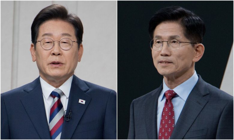 이재명 더불어민주당 대통령 후보(왼쪽)와 김문수 국민의힘 대통령 후보가 27일 저녁 서울 상암동 문화방송(MBC)에서 열린 대통령 후보자 초청 3차 토론회 시작에 앞서 준비를 하고 있다. 국회사진기자단