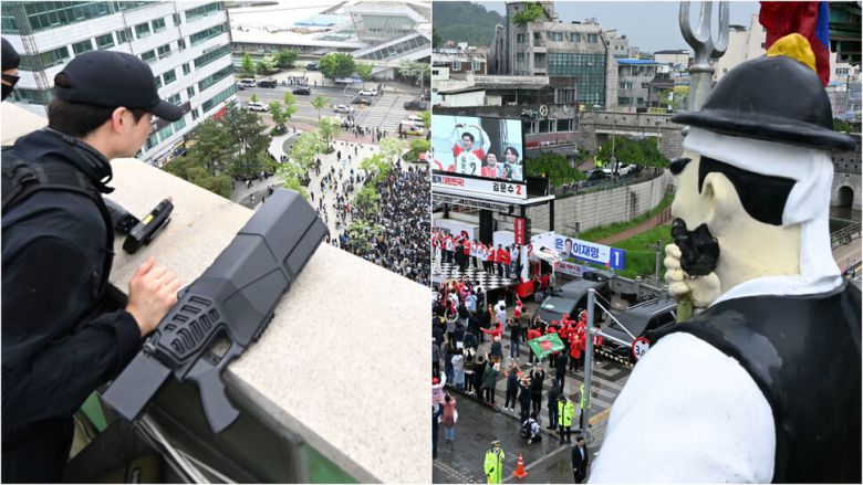후보자들에 대한 테러위험이 커지자 경찰이 드론 제압용 ‘제밍건’을 옆에 두고 경계하고 있다.(왼쪽 사진·20일 경기 파주) 경찰이 경계근무를 강화한 가운데 한 건물의 옥상에 홍보용 포졸 인형이 서 있다.(16일 경기 수원)