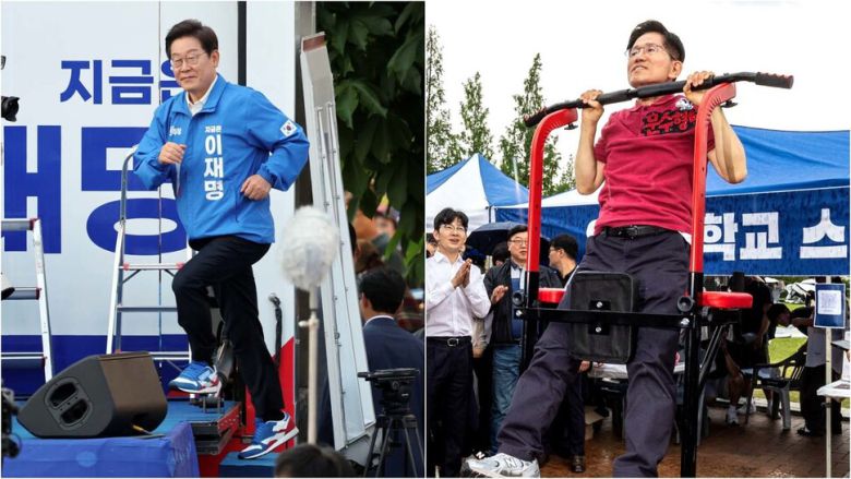 이재명 더불어민주당 대통령 후보가 25일 경기 안산에서 열린 선거유세에서 연단을 뛰어 오르고 있다.(왼쪽 사진) 김문수 국민의힘 대통령 후보가 28일 경북 경산 영남대학교 축제 현장에서 턱걸이를 해 보이고 있다.