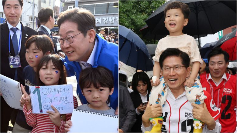 이재명 후보가 유세장에서 어린이와 함께 사진 찍고(14일 경남 통영), 김문수 후보는 유세장에서 어린이를 무등 태우고 있다.(16일 대전)