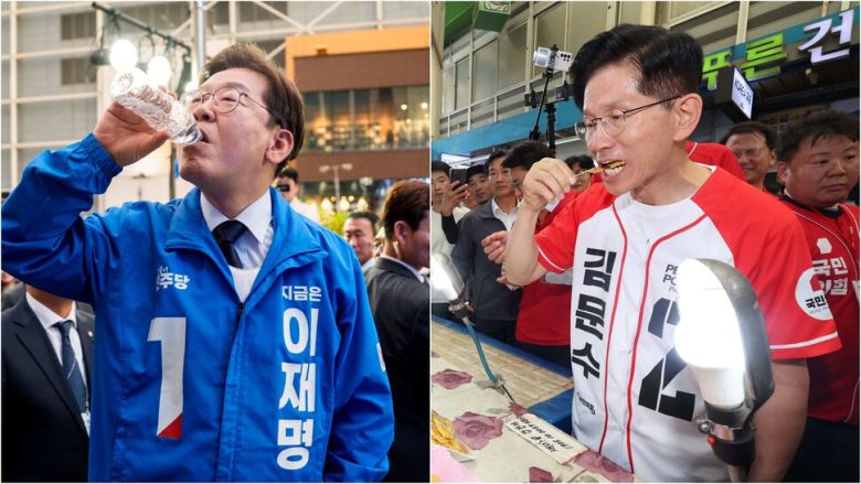 이재명 더불어민주당 대통령 후보가 13일 울산 롯데백화점에서 열린 집중유세를 앞두고 물을 마시고 있다.(왼쪽 사진) 김문수 국민의힘 대통령 후보가 29일 인천 남동구 모래내 전통시장을 방문해 전을 시식하고 있다.